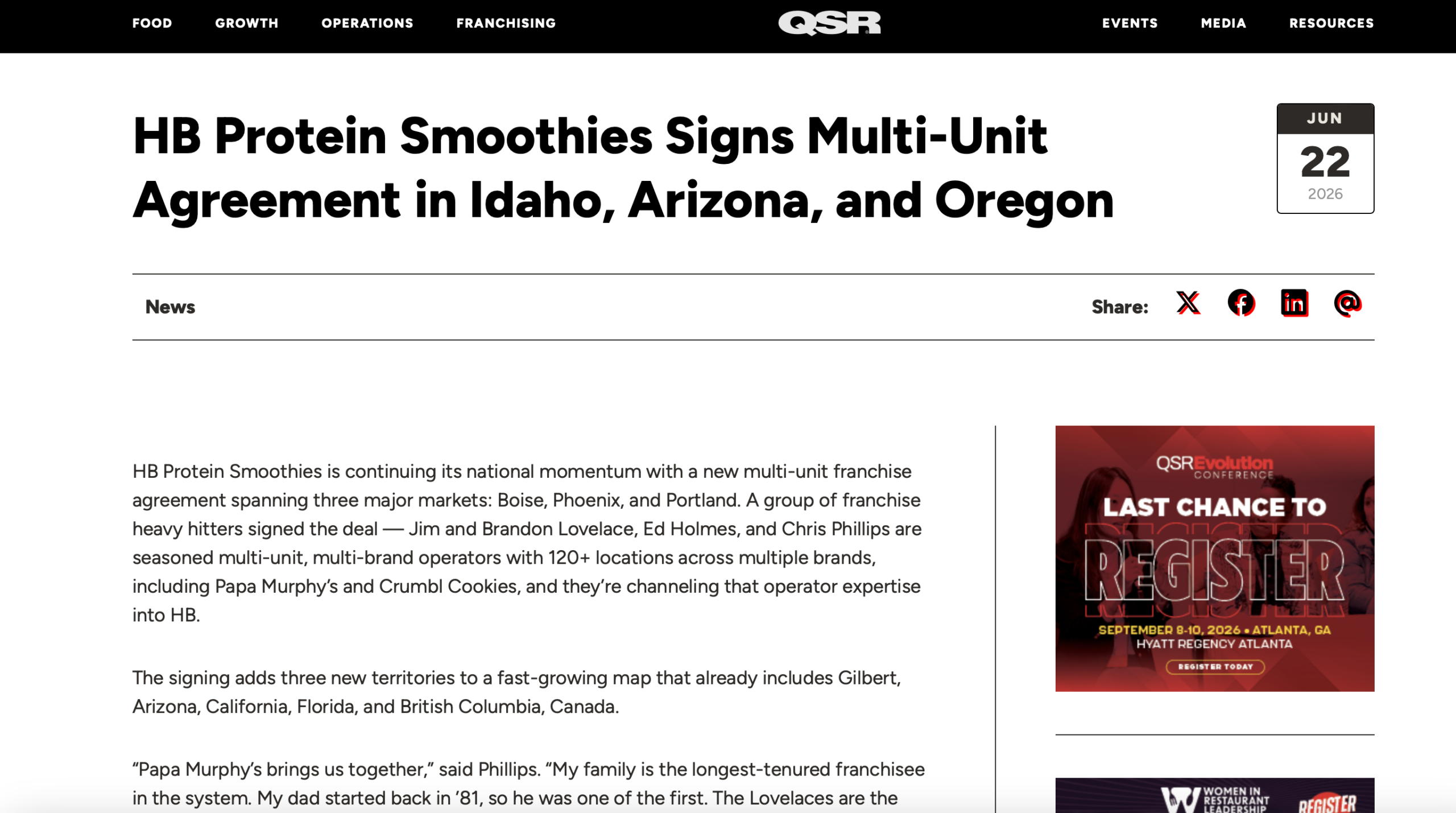 Website article headline about HB Protein Smoothies signing multi-unit agreement in Idaho, Arizona, and Oregon
