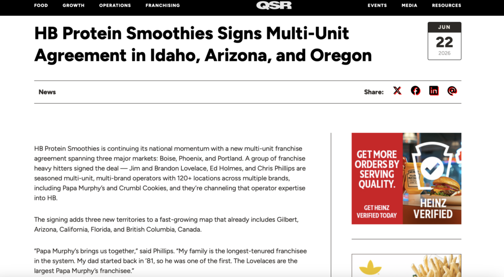 Website article headline about HB Protein Smoothies signing multi-unit franchise agreement in Idaho, Arizona, and Oregon