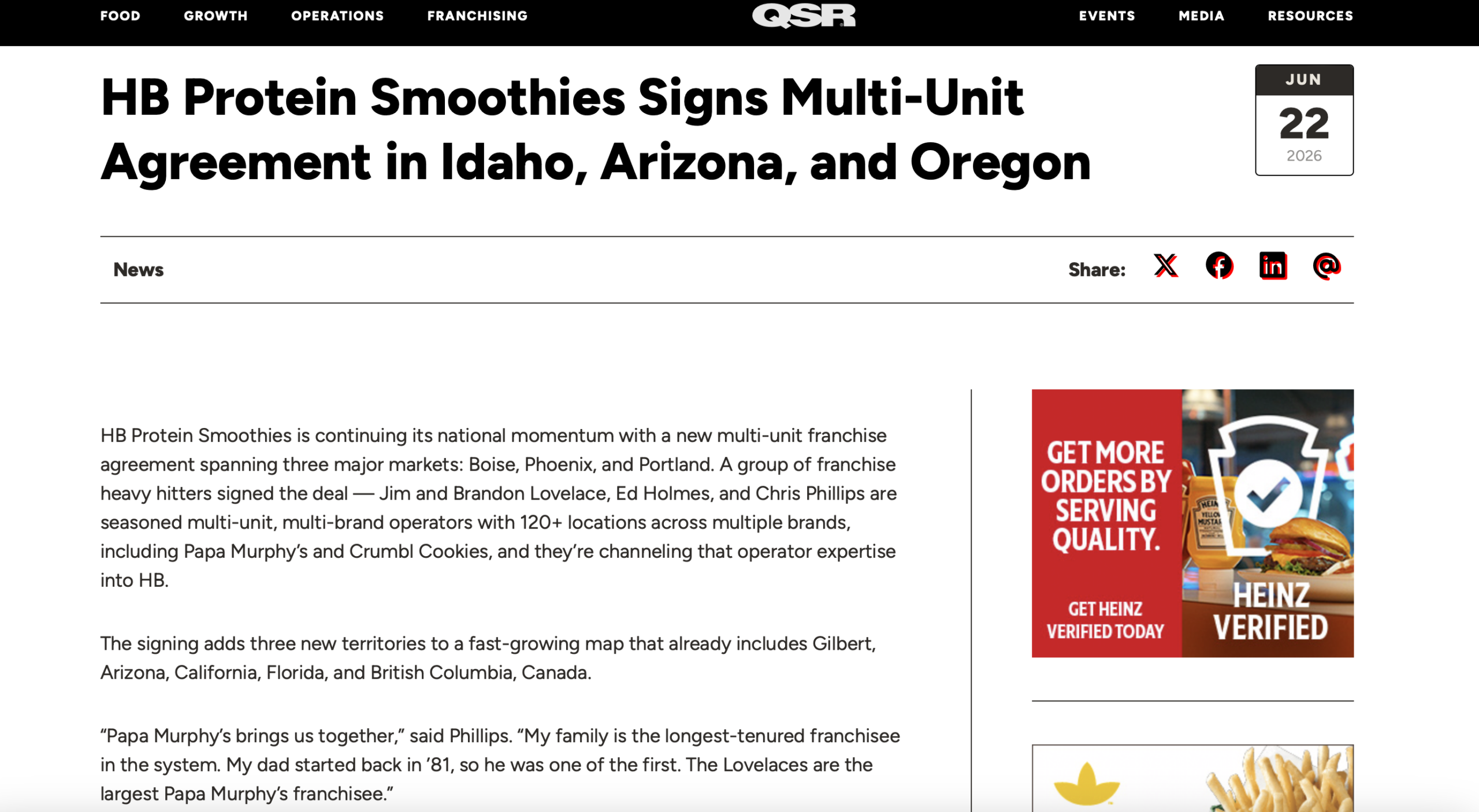 Website article headline about HB Protein Smoothies signing multi-unit franchise agreement in Idaho, Arizona, and Oregon