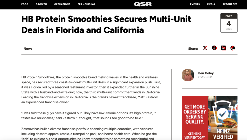 Article headline about HB Protein Smoothies securing multi-unit deals in Florida and California